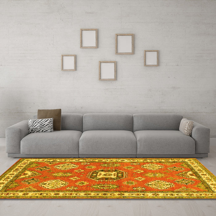 Machine Washable Geometric Yellow Traditional Rug in a Living Room, wshtr638yw