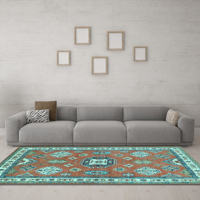 Machine Washable Geometric Light Blue Traditional Rug in a Living Room, wshtr638lblu
