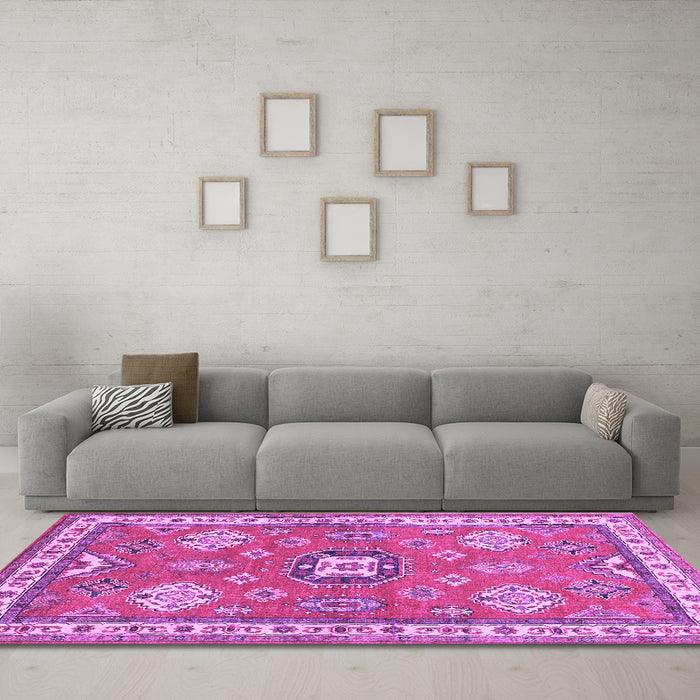 Machine Washable Geometric Purple Traditional Area Rugs in a Living Room, wshtr638pur