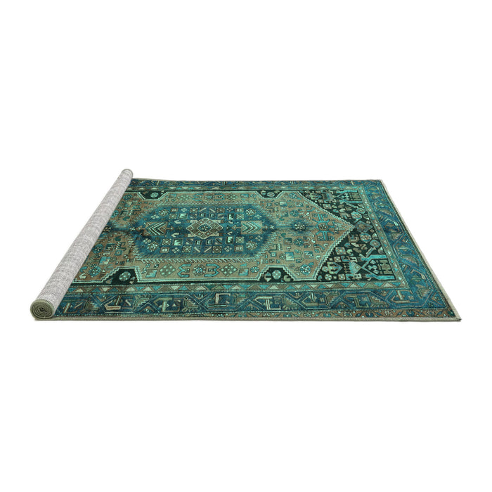 Sideview of Machine Washable Persian Turquoise Traditional Area Rugs, wshtr639turq