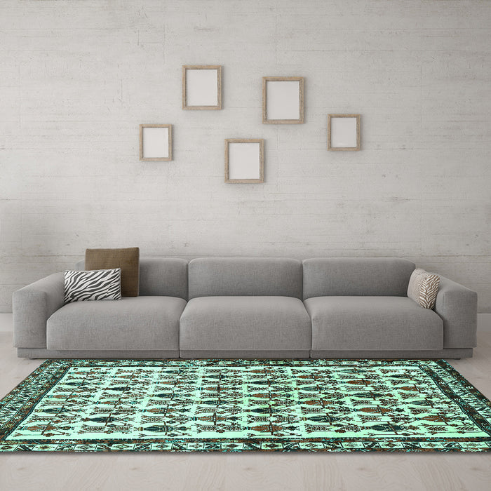 Machine Washable Persian Turquoise Traditional Area Rugs in a Living Room,, wshtr641turq