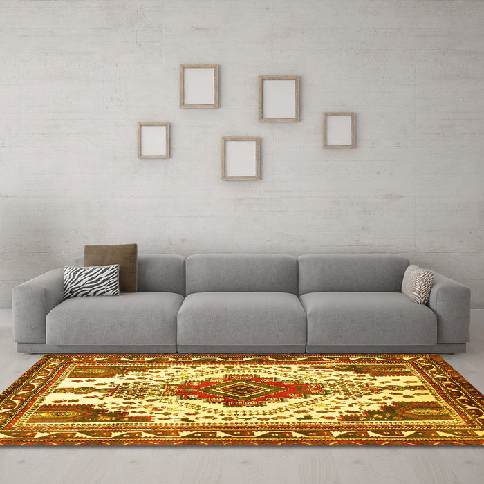 Machine Washable Persian Yellow Traditional Rug in a Living Room, wshtr643yw