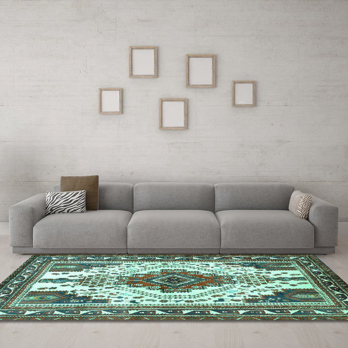 Machine Washable Persian Turquoise Traditional Area Rugs in a Living Room,, wshtr643turq
