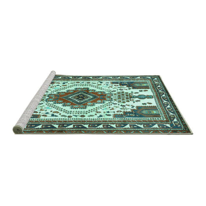 Sideview of Machine Washable Persian Turquoise Traditional Area Rugs, wshtr643turq