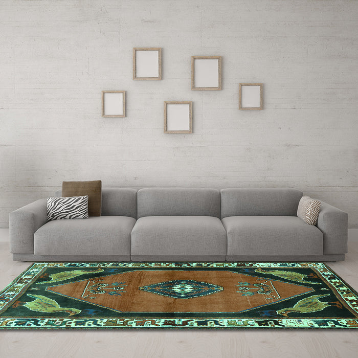 Machine Washable Persian Turquoise Traditional Area Rugs in a Living Room,, wshtr648turq