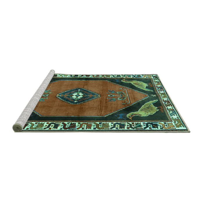 Sideview of Machine Washable Persian Turquoise Traditional Area Rugs, wshtr648turq