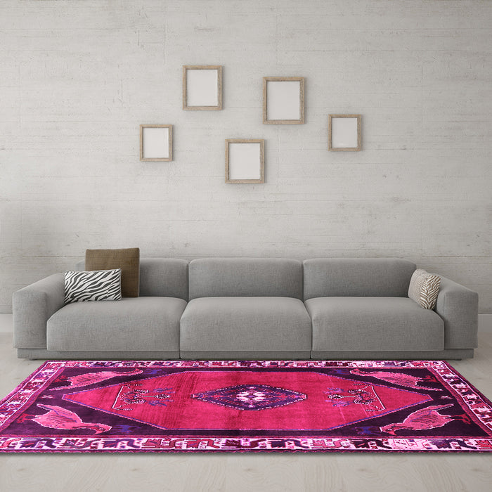 Machine Washable Persian Pink Traditional Rug in a Living Room, wshtr648pnk