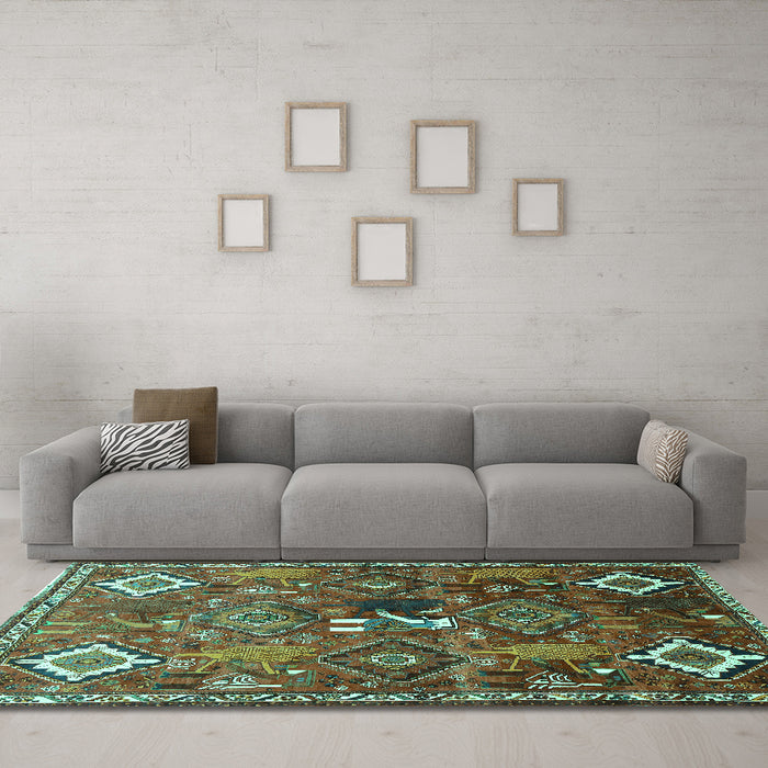 Machine Washable Persian Turquoise Traditional Area Rugs in a Living Room,, wshtr649turq