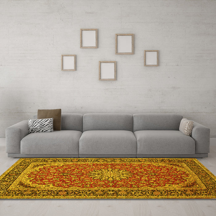 Machine Washable Medallion Yellow Traditional Rug in a Living Room, wshtr64yw