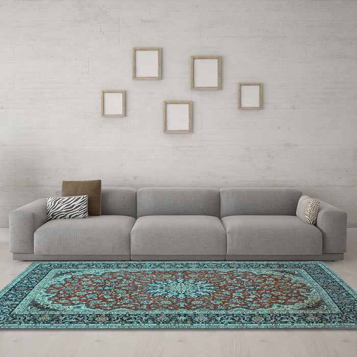 Machine Washable Medallion Light Blue Traditional Rug in a Living Room, wshtr64lblu