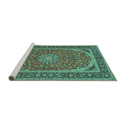 Sideview of Machine Washable Medallion Turquoise Traditional Area Rugs, wshtr64turq