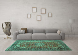 Machine Washable Medallion Turquoise Traditional Area Rugs in a Living Room,, wshtr64turq