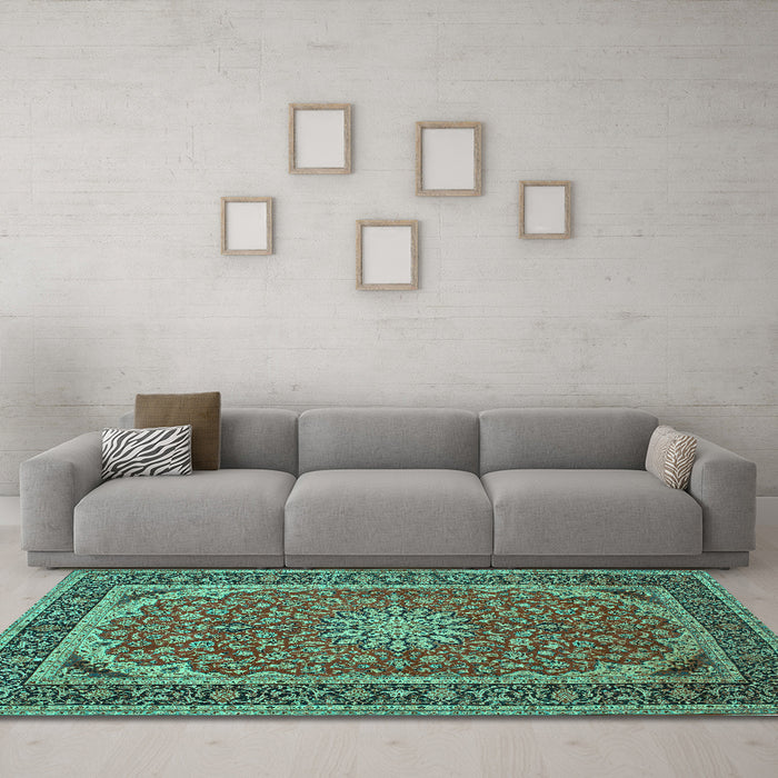 Machine Washable Medallion Turquoise Traditional Area Rugs in a Living Room,, wshtr64turq