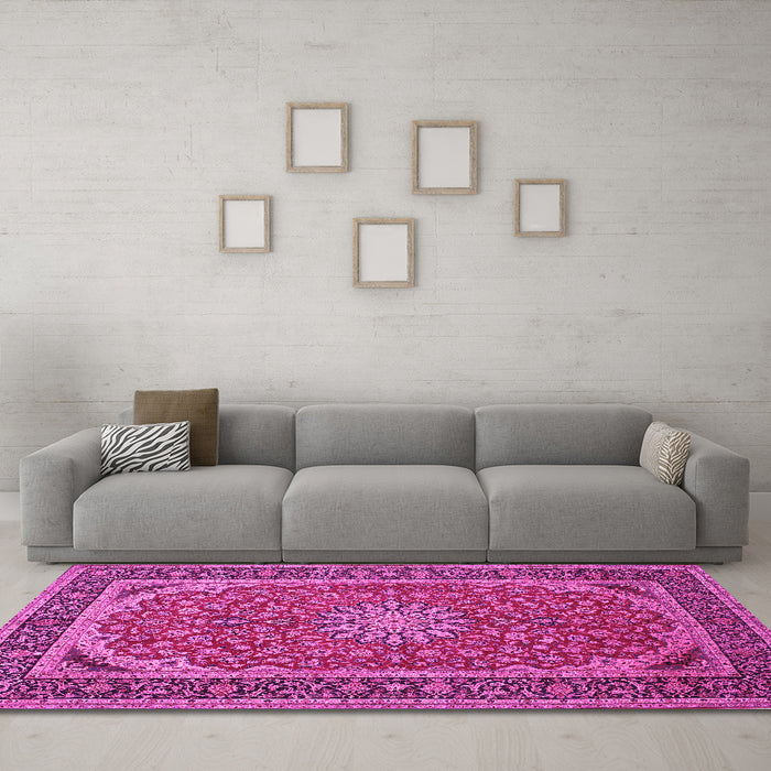 Machine Washable Medallion Pink Traditional Rug in a Living Room, wshtr64pnk