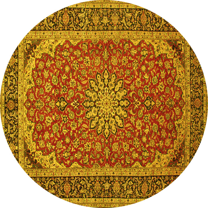 Round Machine Washable Medallion Yellow Traditional Rug, wshtr64yw