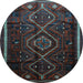 Round Machine Washable Southwestern Light Blue Country Rug, wshtr650lblu