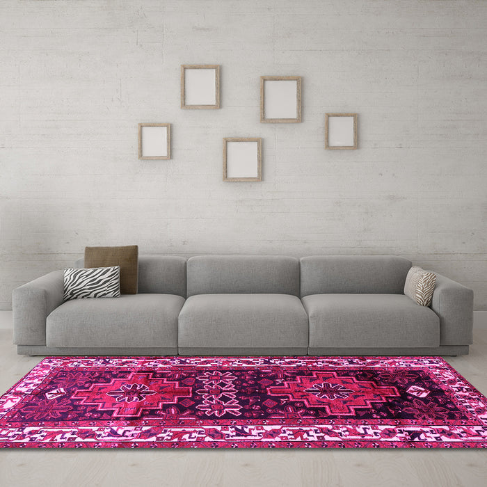 Machine Washable Persian Pink Traditional Rug in a Living Room, wshtr653pnk
