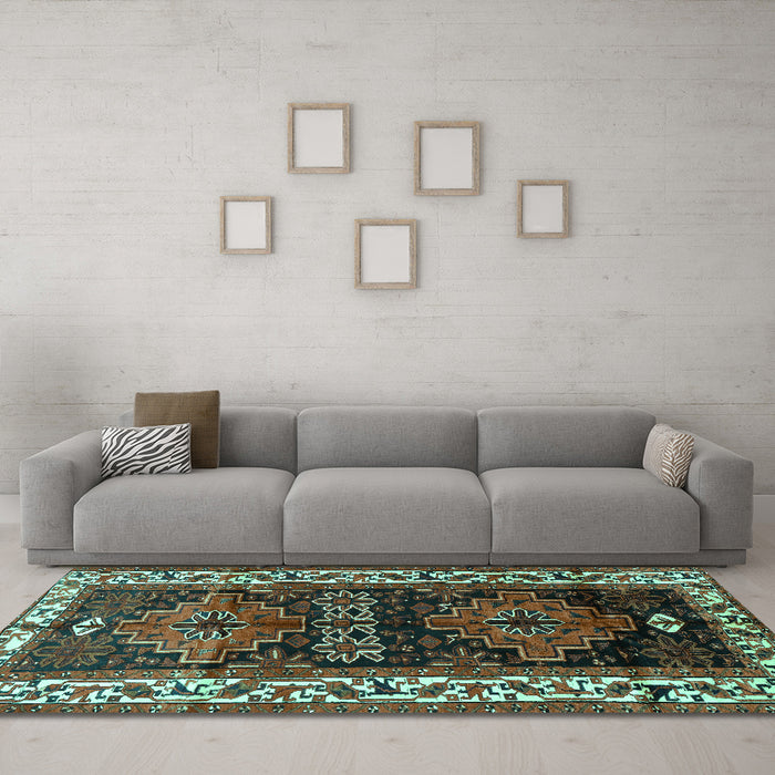 Machine Washable Persian Turquoise Traditional Area Rugs in a Living Room,, wshtr653turq