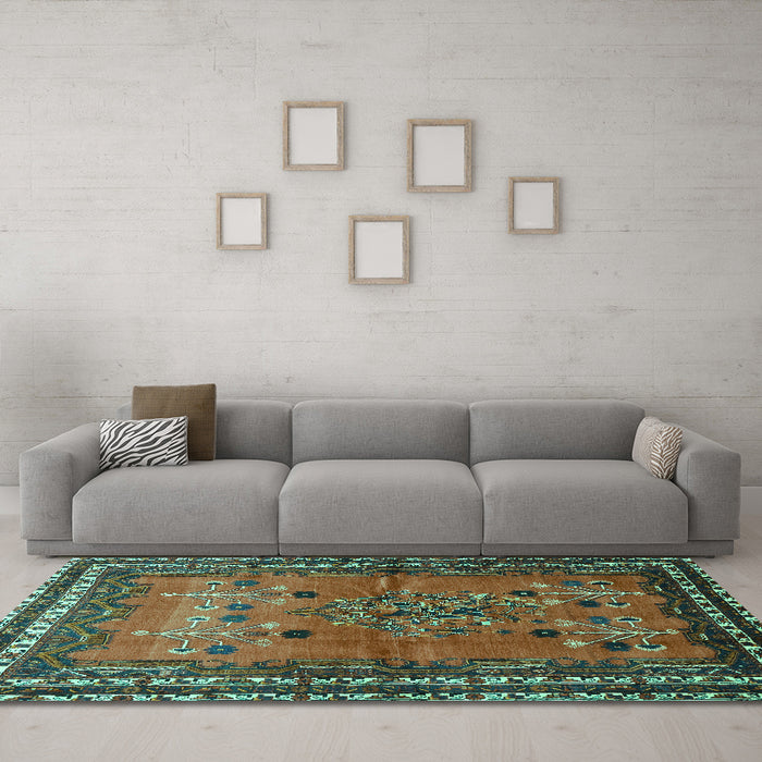 Machine Washable Persian Turquoise Traditional Area Rugs in a Living Room,, wshtr654turq