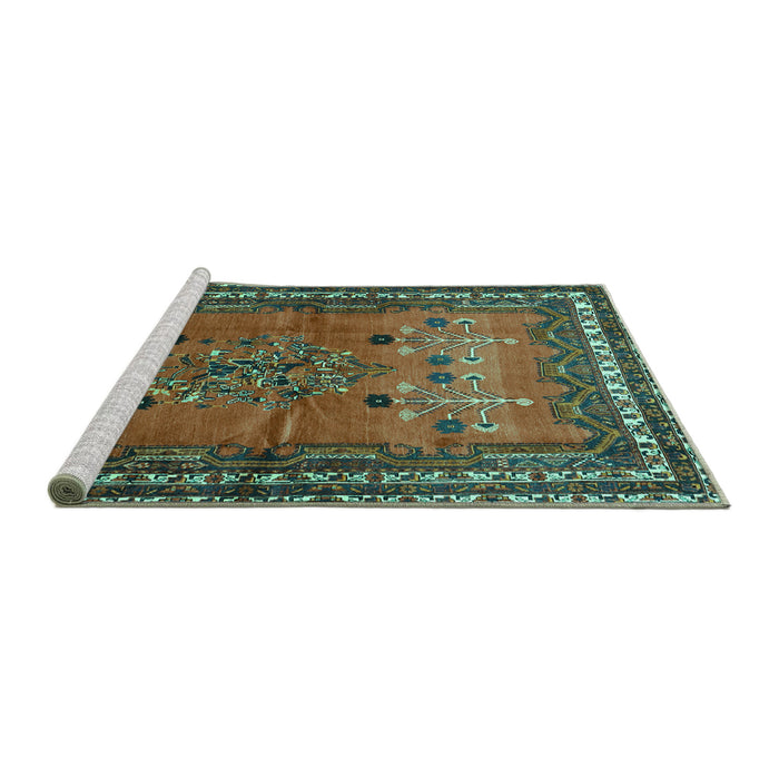 Sideview of Machine Washable Persian Turquoise Traditional Area Rugs, wshtr654turq