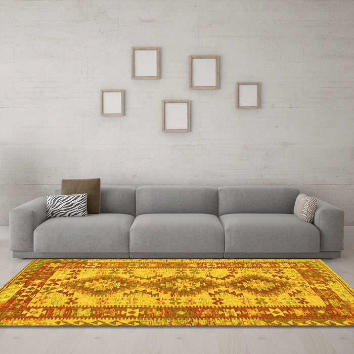 Machine Washable Southwestern Yellow Country Rug in a Living Room, wshtr656yw