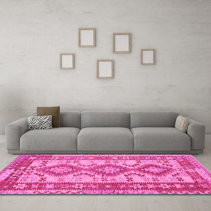 Machine Washable Southwestern Pink Country Rug in a Living Room, wshtr656pnk