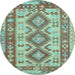 Round Machine Washable Southwestern Light Blue Country Rug, wshtr656lblu