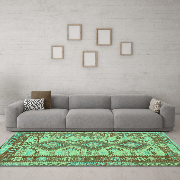 Machine Washable Southwestern Turquoise Country Area Rugs in a Living Room,, wshtr656turq