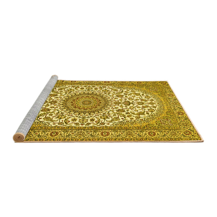 Sideview of Machine Washable Medallion Yellow Traditional Rug, wshtr657yw
