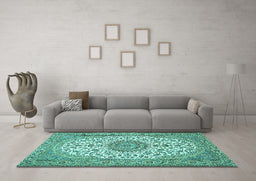 Machine Washable Medallion Turquoise Traditional Area Rugs in a Living Room,, wshtr657turq