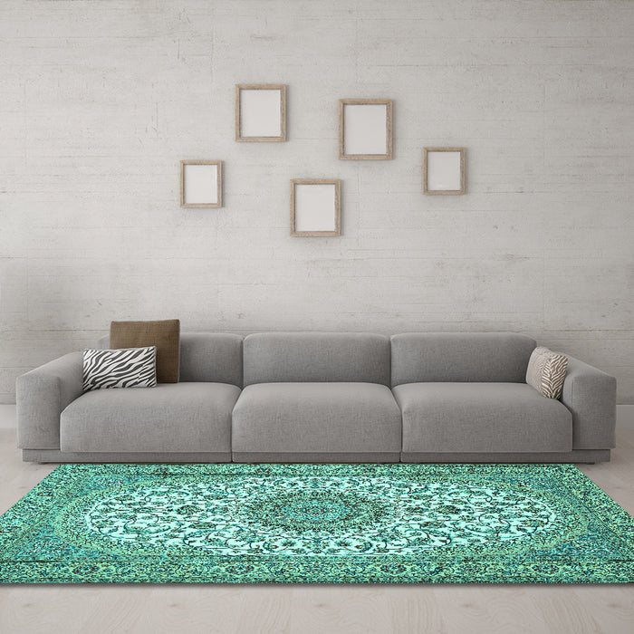Machine Washable Medallion Turquoise Traditional Area Rugs in a Living Room,, wshtr657turq