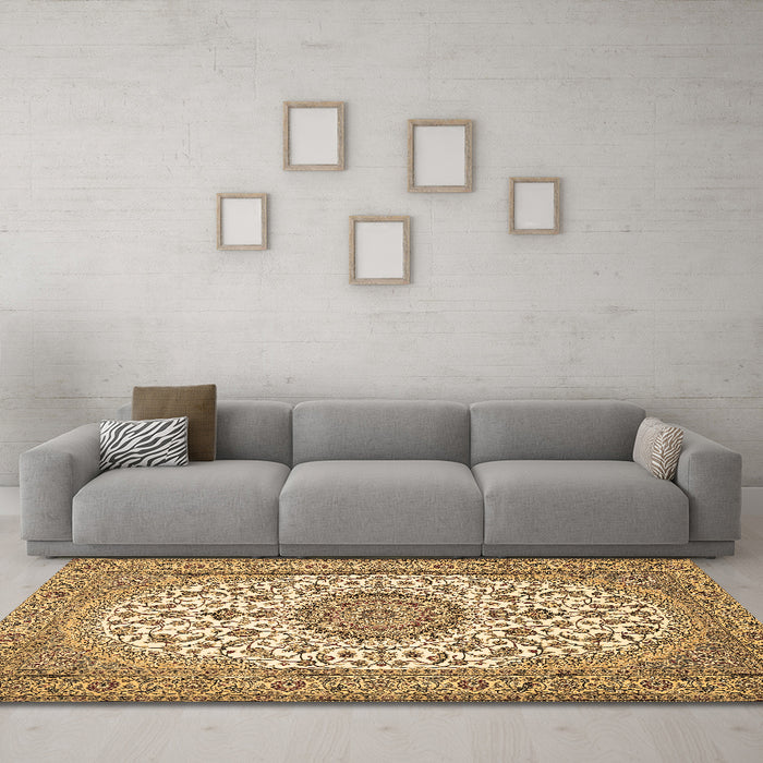 Machine Washable Medallion Brown Traditional Rug in a Living Room,, wshtr657brn