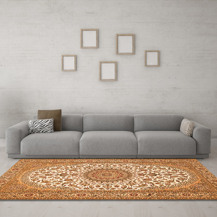 Machine Washable Medallion Orange Traditional Area Rugs in a Living Room, wshtr657org