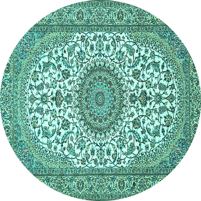 Round Machine Washable Medallion Turquoise Traditional Area Rugs, wshtr657turq