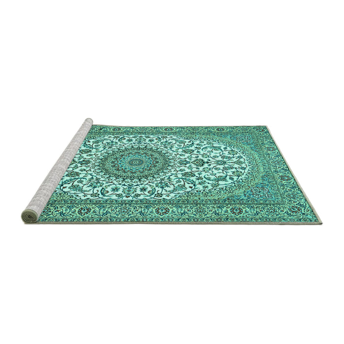 Sideview of Machine Washable Medallion Turquoise Traditional Area Rugs, wshtr657turq