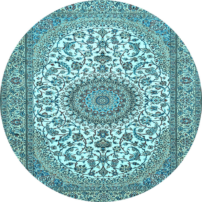 Round Machine Washable Medallion Light Blue Traditional Rug, wshtr657lblu