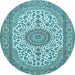 Round Machine Washable Medallion Light Blue Traditional Rug, wshtr657lblu