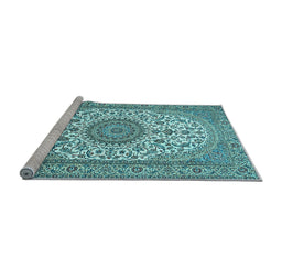 Sideview of Machine Washable Medallion Light Blue Traditional Rug, wshtr657lblu