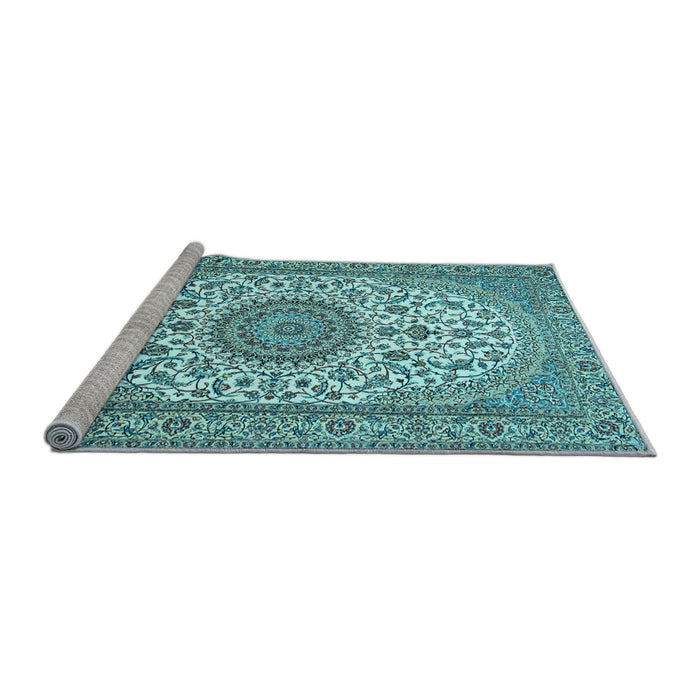Sideview of Machine Washable Medallion Light Blue Traditional Rug, wshtr657lblu