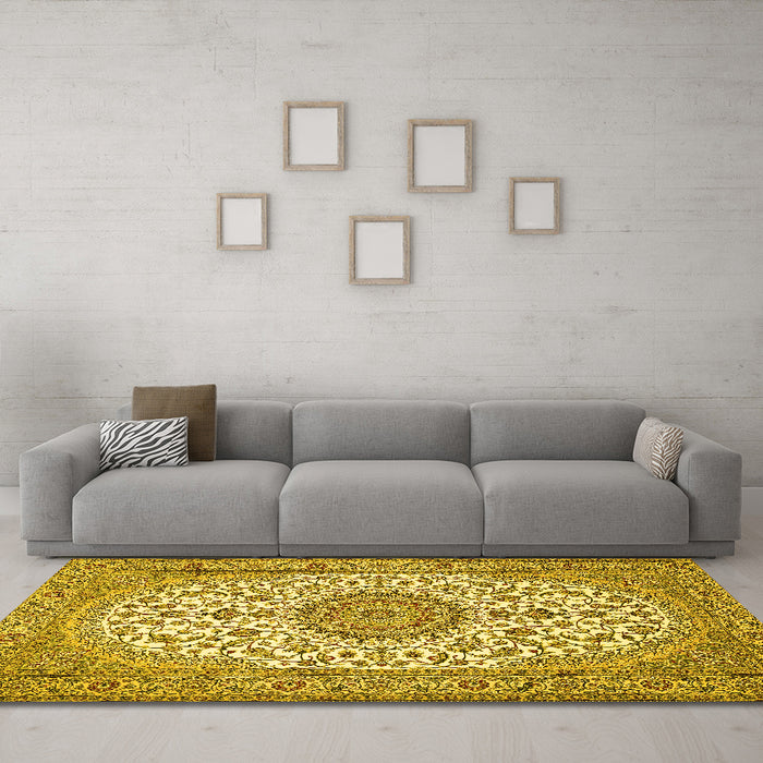 Machine Washable Medallion Yellow Traditional Rug in a Living Room, wshtr657yw