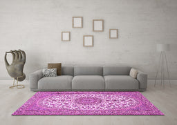 Machine Washable Medallion Pink Traditional Rug in a Living Room, wshtr657pnk