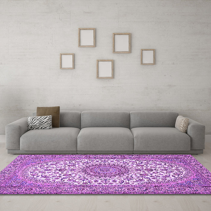 Machine Washable Medallion Purple Traditional Area Rugs in a Living Room, wshtr657pur