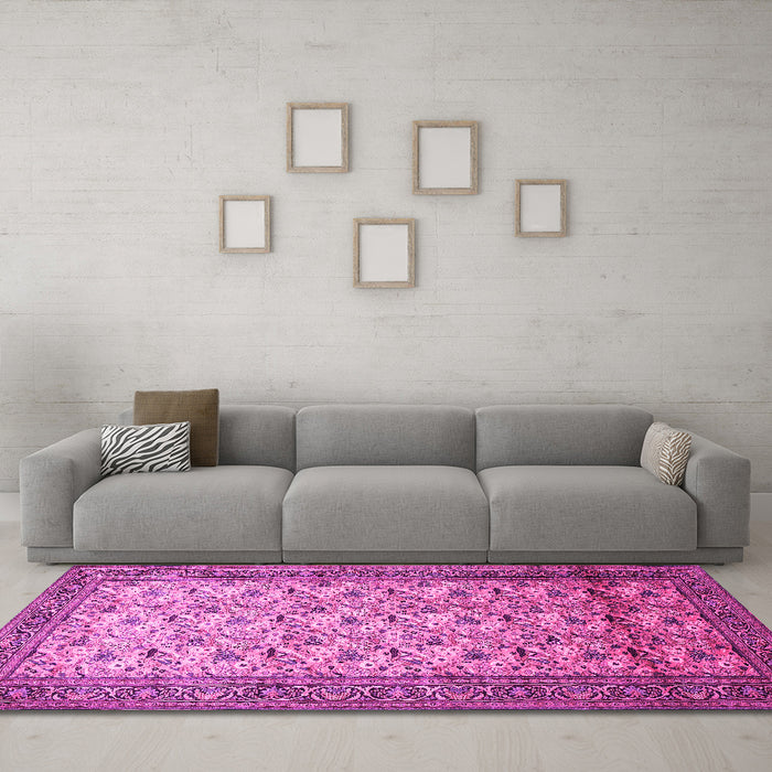 Machine Washable Persian Pink Traditional Rug in a Living Room, wshtr658pnk