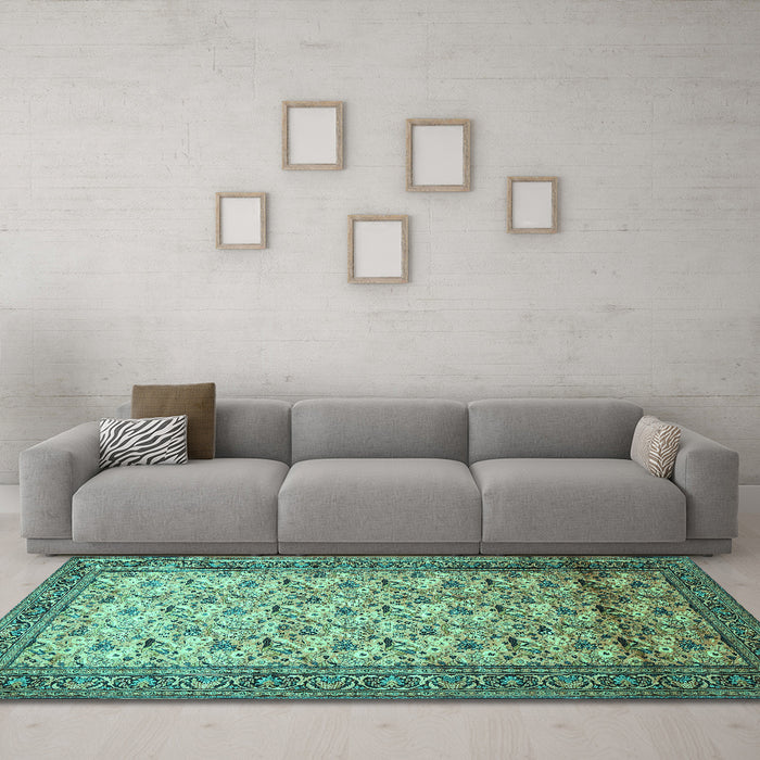 Machine Washable Persian Turquoise Traditional Area Rugs in a Living Room,, wshtr658turq