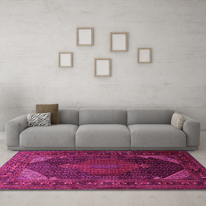 Machine Washable Persian Pink Traditional Rug in a Living Room, wshtr659pnk