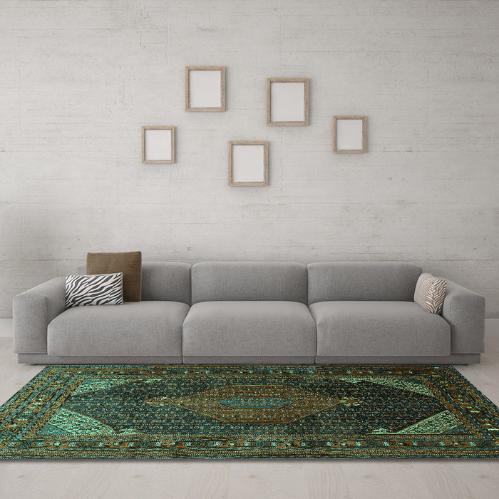 Machine Washable Persian Turquoise Traditional Area Rugs in a Living Room,, wshtr659turq