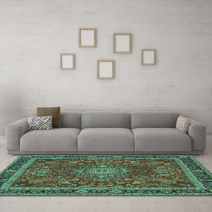 Machine Washable Medallion Turquoise Traditional Area Rugs in a Living Room,, wshtr65turq