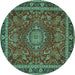 Round Machine Washable Medallion Turquoise Traditional Area Rugs, wshtr65turq