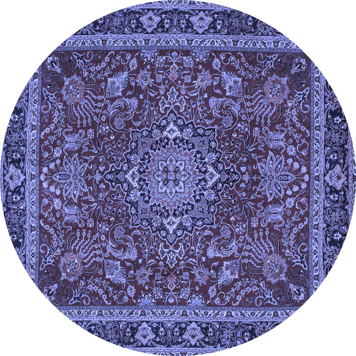 Round Machine Washable Medallion Blue Traditional Rug, wshtr65blu