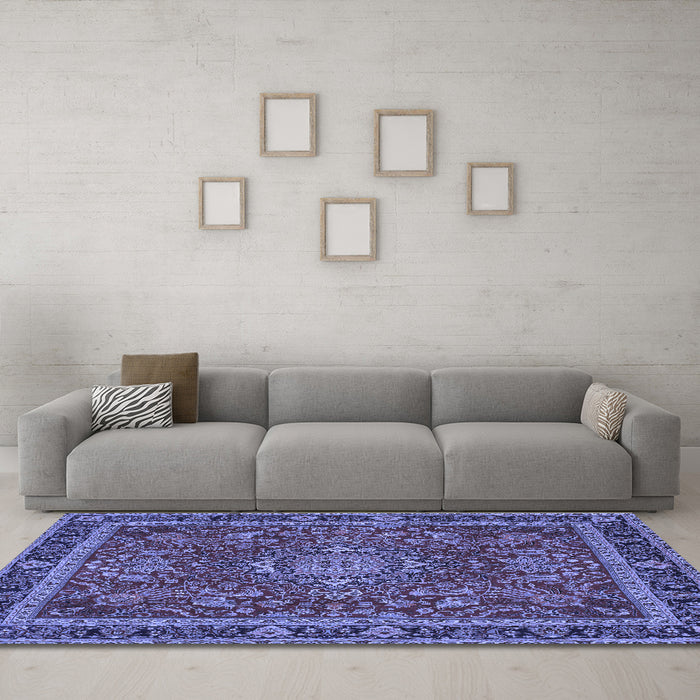 Machine Washable Medallion Blue Traditional Rug in a Living Room, wshtr65blu